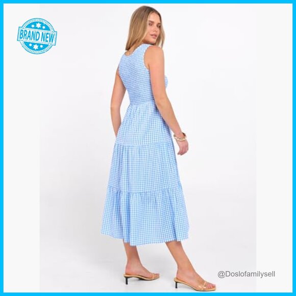 Sleeveless Crewneck Maxi Dress Smocked Tiered Boho Casual Beach Sundress - Picture 5 of 7